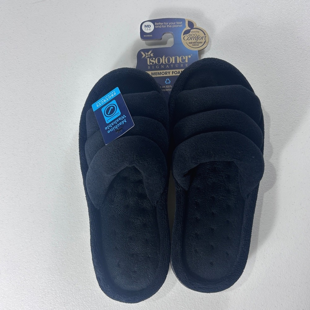 Isotoner Signature Womens Black Memory Foam Slide Slippers Size Medium 7.5-8 NEW